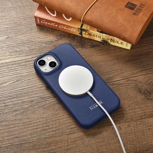 iCarer CE Premium odinis folio dėklas iPhone 14 Plus magnetinis atverčiamas odinis folio dėklas MagSafe mėlyna