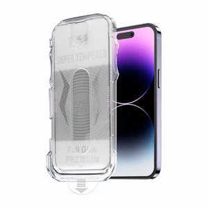 Grūdintas stiklas (m) su pilnu klijavimu, Easy-Stick dėžutė iPhone 15 Pro - juodas