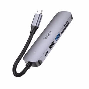 Adapteris Hoco HB28 Type-C Multi-Function Converter HDMI+USB3.0+USB2.0+SD+TF+PD pilkas