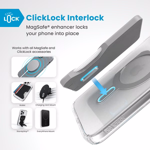 Speck Presidio Perfect-Clear dėklas su MagSafe ir ClickLock, skirtas iPhone 16 Plus, „Clear/Chrome“