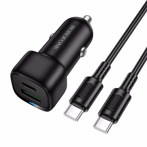 Juodas automobilinis įkroviklis „Borofone BZ34B Cloud“ USB-A + USB-C, QC 3.0, PD, 38 W, su USB-C–USB-C laidu