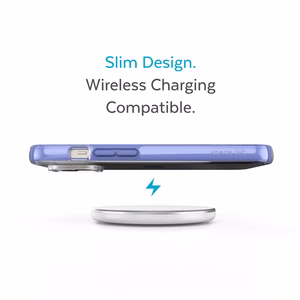 Speck Presidio Perfect-Clear with Impact Geometry case for iPhone 15 Plus / 14 Plus, with Microban antimicrobial protection, Clear / Grounded Purple