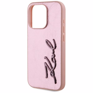 Karl Lagerfeld Wrinkled Metal Signature dėklas telefonui iPhone 15 Pro Max - rožinis