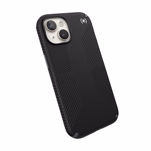 Speck Presidio2 Grip MagSafe dėklas, skirtas iPhone 17e / 16e / 15 / 14 / 13, juodas su skalūno pilkos spalvos detalėmis