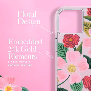 Rifle Paper Clear dėklas, skirtas iPhone 14 Plus, su aukso spalvos dekoru, „Rose Garden“ rašto