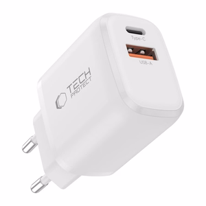 Tech-Protect NCA30 PD 30W QC3.0 USB-A / USB-C sieninis įkroviklis + USB-C / Lightning kabelis 100cm - baltas