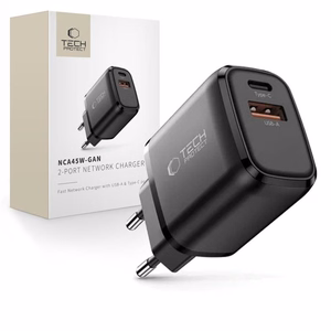 "Tech-Protect" NCA45W-GAN 2 prievadų USB-C / USB-A 45 W sieninis įkroviklis - juodas