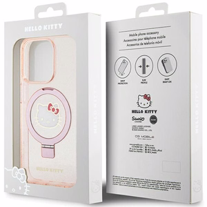 Hello Kitty žiedinis stovas blizgus Electrop Logo magnetinis dėklas telefonui iPhone 15 Pro - rožinis