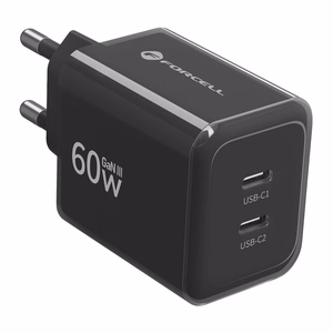 Forcell F-Energy GaN III Crystal Color VT-60 telefono įkroviklis, 2 × USB-C, AVS, SSFC3.0, 60 W, su USB-C–USB-C silikoniniu laidu, juodas