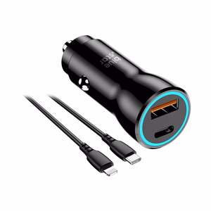 BLUE STAR automobilinis įkroviklis 3A 25W Type C + USB A + kabelis Type C į Lightning PD QC3.0 AFC PPS juodas