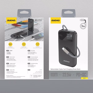 Dudao K31 10000mAh 22.5W PD Išorinė baterija su įmontuotu kabeliu - juoda