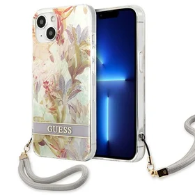 Guess GUHCP13SHFLSU iPhone 13 mini 5.4" violetinis kietasis dėklas su gėlių dirželiu