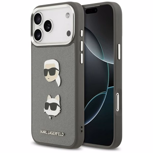 Karl Lagerfeld FW Grūdėtas Karl & Choupette Heads Pins & Logo dėklas telefonui iPhone 17 Pro Max - pilkas