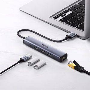 Ugreen CM475 daugiafunkcis šakotuvas USB 3.0 - 3x USB / Ethernet RJ-45 / USB Type-C PD - pilkas