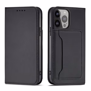 Magnet Card dėklas iPhone 14 atveriamas dangtelis piniginė su stovu juodas