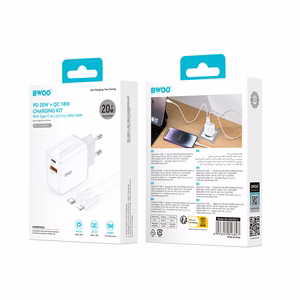 BWOO sieninis įkroviklis CDA182 QC 38W 1x USB-A + 1x USB-C su USB-C C-Lightning kabeliu 1 m juodas