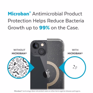 Speck Presidio Perfect-Clear with Glitter + MagSafe case for iPhone 15 Plus / 14 Plus, with Microban antimicrobial protection, Clear / Gold Glitter