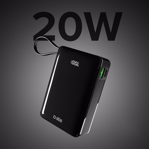 Išorinė baterija SBS 20000 mAh 20W su įmontuotu USB-C kabeliu ir skaitmenine indikacija - juoda