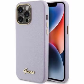 Guess Blizgantis blizgus užrašas dėklas iPhone 15 Pro - alyvinis