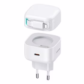 USAMS Tinklo įkroviklis 1xUSB-C su suvyniojamuoju Lightning laidu PD+QC 35W Gan Fast Charging baltas XMF Series CC209TC02 (US-CC209)