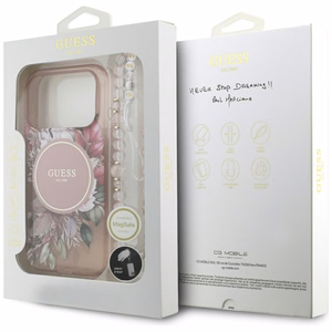 Dėklas Guess IML Flowers Strap MagSafe Apple iPhone 17 Pro rožinis