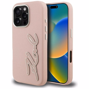 Karl Lagerfeld FW Grained Signature Logo Dėklas iPhone 16 Pro Max - rožinis