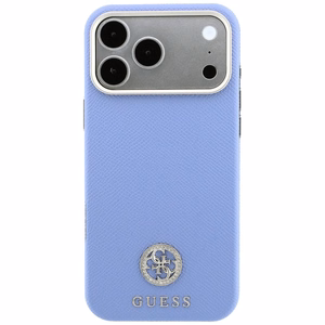 Guess Grained Round Strass Logo dėklas, skirtas iPhone 18 Pro / 17 Pro, suderinamas su MagSafe – mėlynas