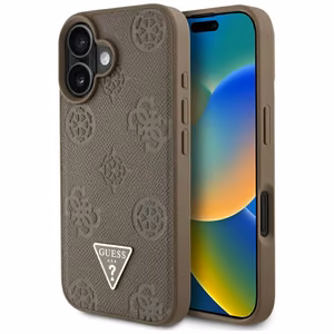 Guess Grained Hot Stamp Peony trikampio logotipo magnetinis dėklas telefonui iPhone 16 - rudas
