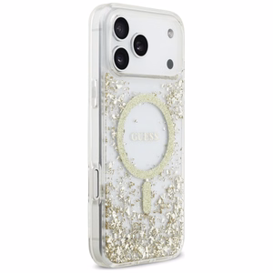GUESS dėklas telefonui IPHONE 17 Pro Max, suderinamas su MagSafe GUHMP17XRGRGED (dervos apačia su blizgučiais) auksinis