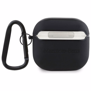 Mercedes MEA4CSLBK AirPods 4 odinis dėklas su metaliniu logotipu, juodas