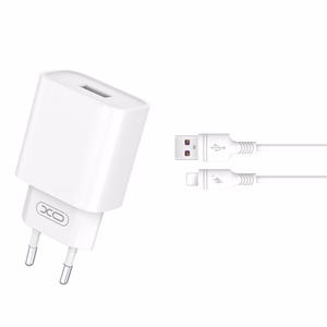 XO sieninis įkroviklis CE02D QC 3.0 18W 1x USB, baltas + Lightning laidas
