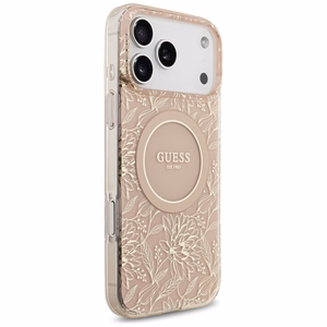 Guess IML Flowers Electro Pearl Strap MagSafe dėklas telefonui iPhone 17 Pro Max - rožinis