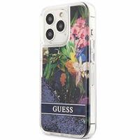 Guess GUHCP13LLFLSB iPhone 13 Pro / 13 6.1" mėlynas kietas dėklas gėlių skystas blizgučiai