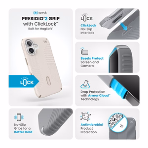Speck Presidio2 Grip dėklas su MagSafe ir ClickLock, skirtas iPhone 16, „Bleached Bone/Heirloom Gold“