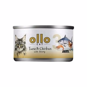 Ollo Cat No. 3 – šlapiasis kačių pašaras su tunu, vištiena ir krevetėmis sultinyje, 70 g