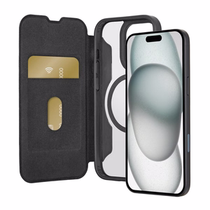 Puro Book Mag Magnetinis odinis dėklas su atvartu ir kortelių skyriumi telefonui iPhone 16 Pro - juodas