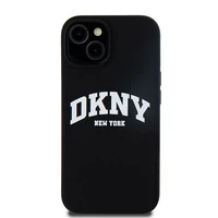 DKNY Skystas silikoninis dėklas MagSafe iPhone 15 Plus / 14 Plus su balto logotipo spauda - juodas (m)