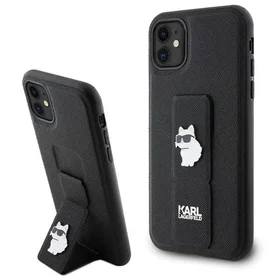 Karl Lagerfeld Gripstand Saffiano Choupette Pins dėklas telefonui iPhone 11 / Xr - juodas