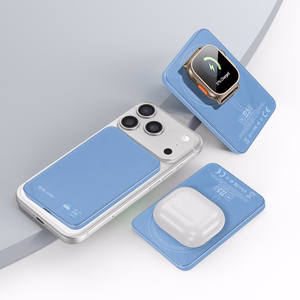 Blavec BJ-04 5000 mAh itin plonas magnetinis išorinis akumuliatorius su „MagSafe“, 7,8 mm, USB-C, 22,5 W, 3 viename (PBBJ04-MC5LB) (spalva: šviesiai mėlyna; stiklo apdaila)