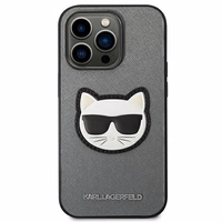 Karl Lagerfeld Saffiano Choupette Head Patch dėklas telefonui iPhone 14 Pro Max - sidabrinis