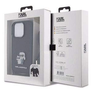 Karl Lagerfeld kryžminis Saffiano metalinis ženkliukas Karl & Choupette dėklas telefonui iPhone 15 Pro - juodas