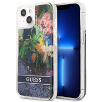 Guess GUHCP13SLFLSB iPhone 13 mini 5.4" mėlynas kietas dėklas gėlių skystas blizgučiai