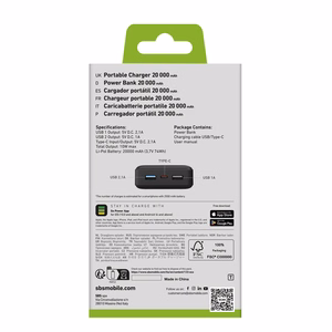 Išorinė baterija Puro Fast 20000 mAh 2x USB-A + 1x USB-C - juoda