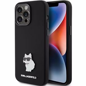 Karl Lagerfeld silikoninis Choupette Metal Pin dėklas telefonui iPhone 15 Pro Max - juodas
