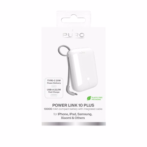 Puro Power Link 10 Plus 10000mAh Išorinė baterija su įmontuotu USB-C kabeliu – balta