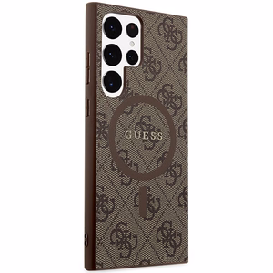 Guess 4G Collection Leather Metal Logo MagSafe dėklas telefonui Samsung Galaxy S24 Ultra - rudas