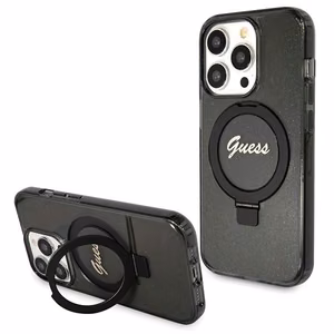Guess Ring Stand Script Glitter Magnetinis dėklas telefonui iPhone 13 Pro Max - juodas