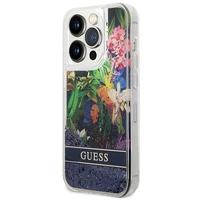Guess Flower Liquid Glitter dėklas telefonui iPhone 14 Pro Max - mėlynas