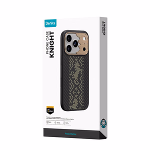 Juodas „Benks Magnetic Armor Pro Knight“ kevlaro dėklas su metaliniu rėmeliu (C.K.FL.AP.GD.B072), skirtas iPhone 18 Pro / iPhone 17 Pro su „Camera Control“ mygtuku