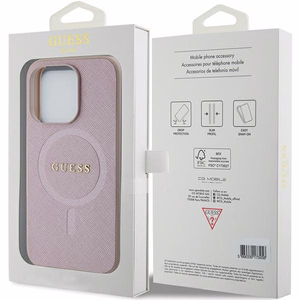 Guess Saffiano Magnetinis dėklas telefonui iPhone 15 Pro - rožinė